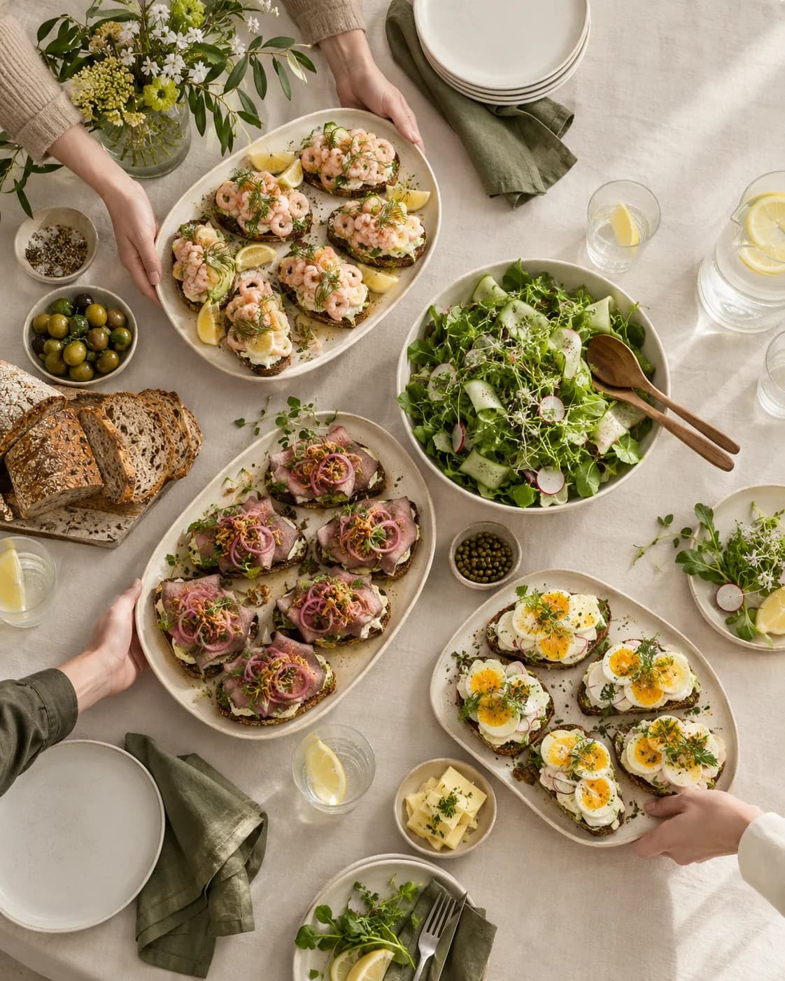 Langbord ovenfra i dagslys med smørbrød og salat